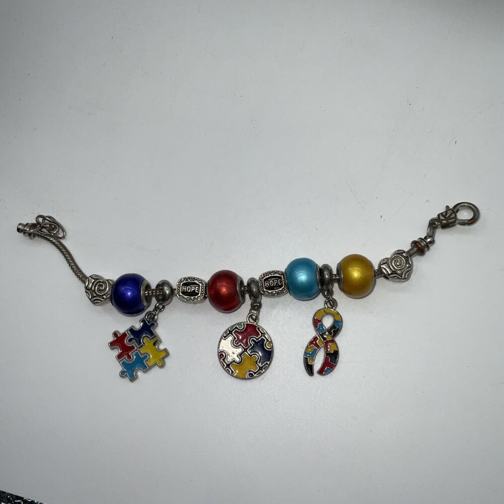 autism awareness chain bracelet with puzzle piece heart charm Some 925 Markings